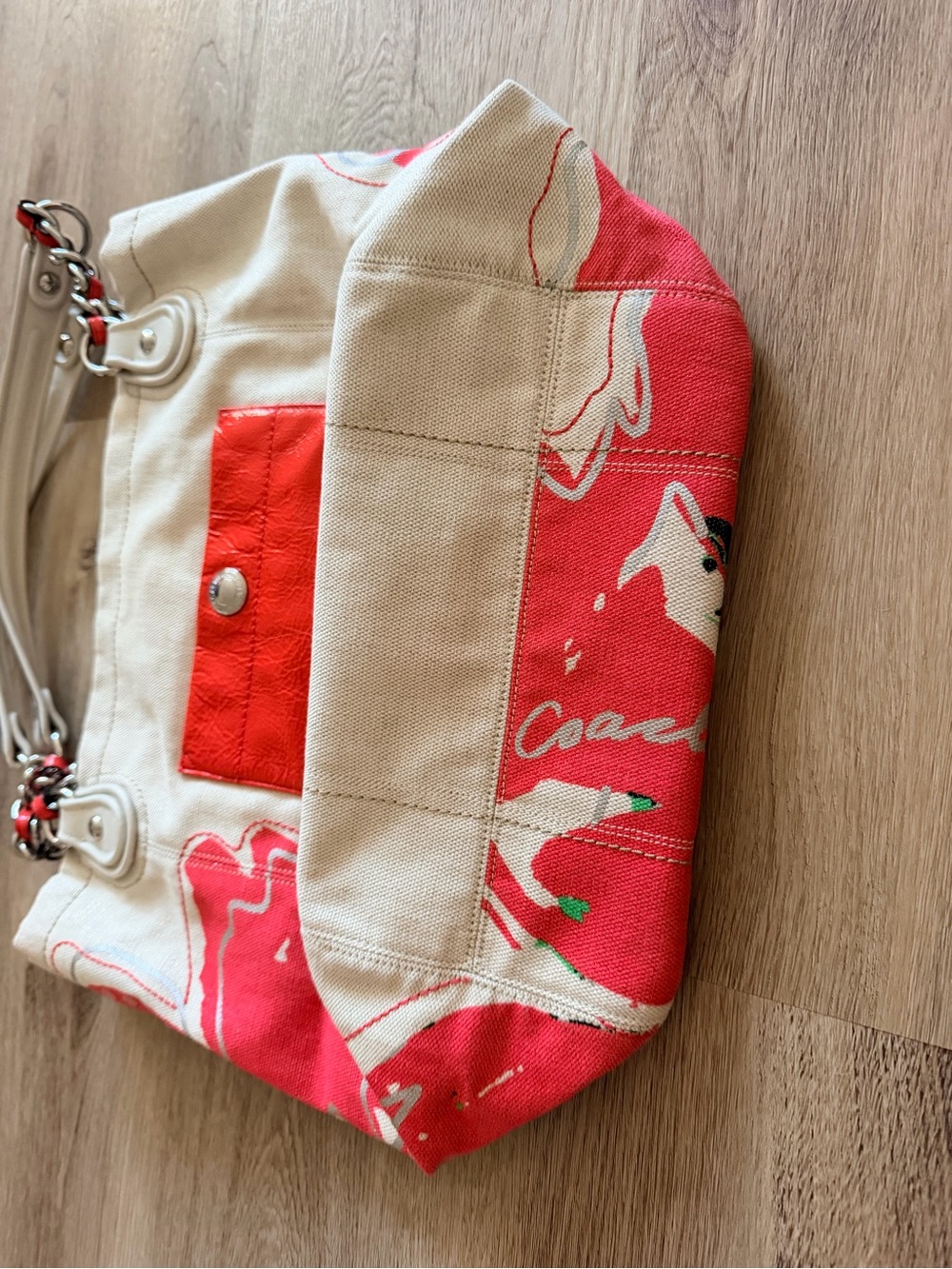 Coach Canvas Floral Tote Bag in Coral and Cream - Picture 4 of 11